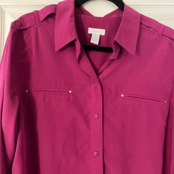 Chico’s Button Down Shirt Blouse Roll Tab Sleeve Size 3 - Picture 2 of 4